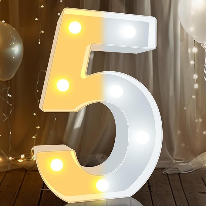 Pooqla LED Light Up Numbers, Warm White and Cool White Decorative Lighted Marquee Numbers, Light Up Numbers for Boys Girls Party, Wedding, Bar, Night Light, Room Decor, Birthday Decoration, Number 5