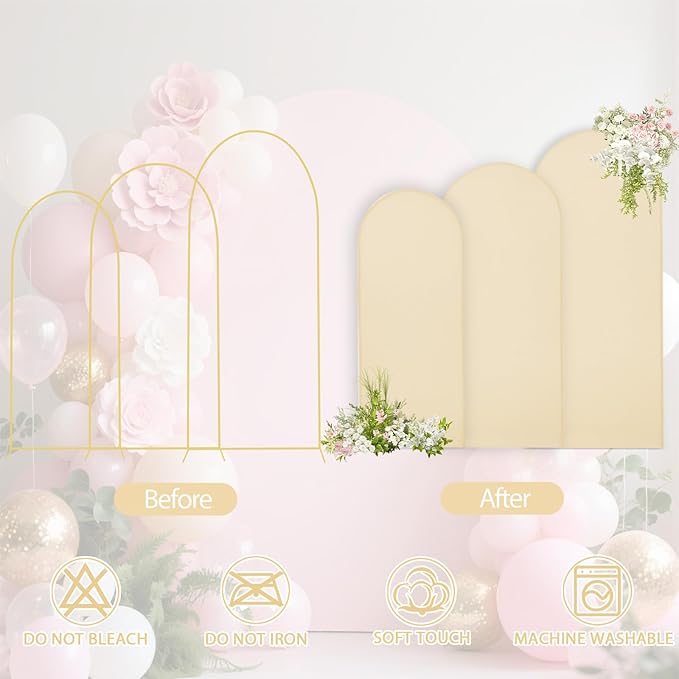 WEERRW Beige Arch Backdrop Cover Ballon Arch Stand Covers Set of 3 Spandex Fitted Round Top Chiara Stretchy Backdrop for Wedding Birthday Party Decoration(6FT, 6.6FT, 7.2FT)