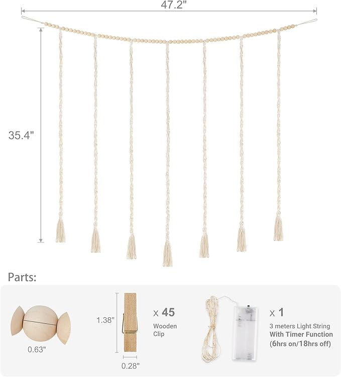Mkono Macrame Hanging Photo Display Wall Decor with String Lights, Boho Wooden Beads Garland Collage Picture Card Frame Holder with 45 Clips for Bedroom Living Room Dorm, Teen Girls Christmas Gifts