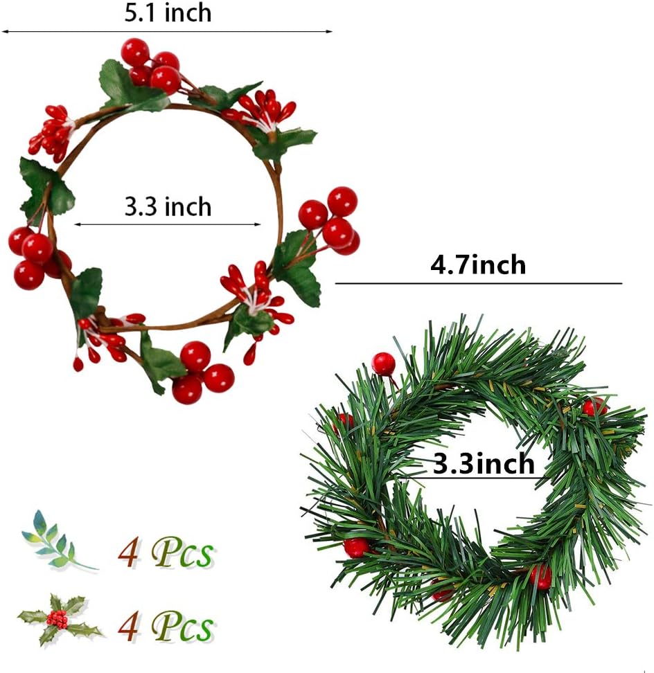 YBB 8Pcs Christmas Candle Rings, Small Artificial Red Berry Wreath Candle Holder Rings, Fits 3 Inch Pillars Candle Tapers for Rustic Wedding Centerpiece Christmas Table Decoration