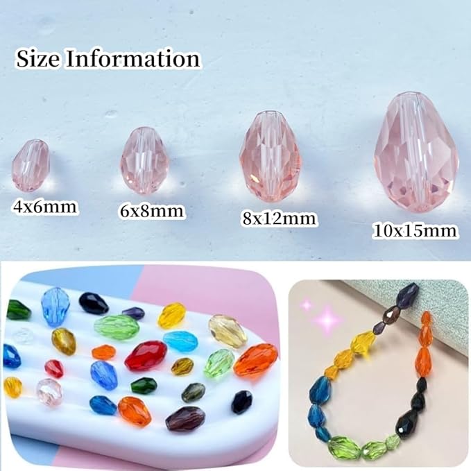 130pcs 6x8mm Teardrop Crystal Glass Beads Vertical Hole Faceted Glass Teardrop Spacer Beads for Bracelets Necklace Earring DIY Jewelry Making Craft(Pink)