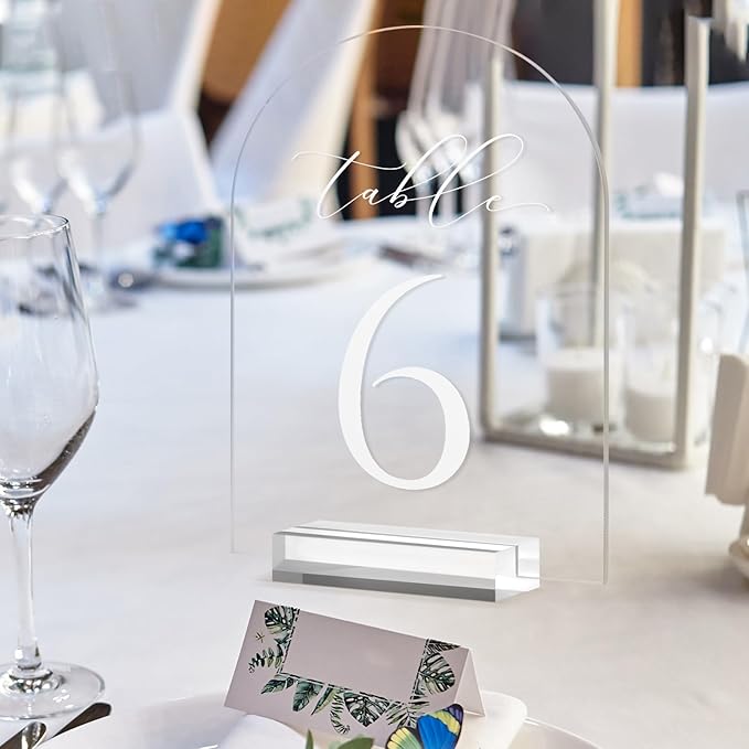 JINMURY Clear Arch Table Numbers for Wedding, 5x7 Inch Arched Acrylic Table Numbers 1-15 with Stands, Clear Acrylic Arch Sign with Holder for Centerpiece, Reception, Wedding, Party, Event