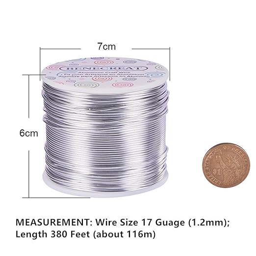 BENECREAT 12 17 18 Gauge Aluminum Wire (17 Gauge,380FT) Anodized Jewelry Craft Making Beading Floral Colored Aluminum Craft Wire - Silver