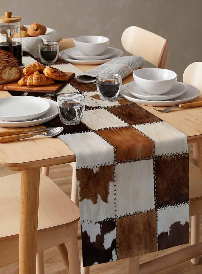 Abstract Cowhides Cotton Linen Table Runner for Dining Kitchen, Wedding Outdoor Party Tablerunners Decoration, Brown Beige Animal Fur Texture Dresser Scarf Coffee Tablecloth Runners 13x60 Inches