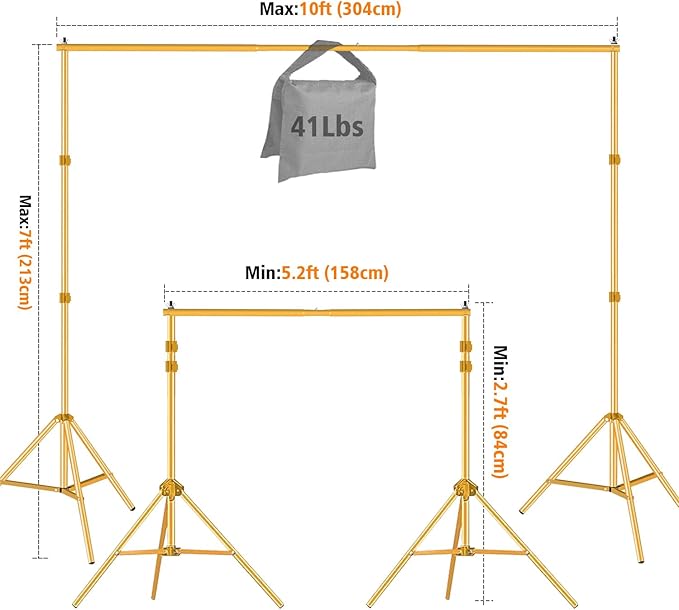 10ft x 7ft - Titanium Gold Adjustable Photography Backdrop Support System Photo Video Studio Background Stand Kit with Carry Bag for Portrait & Studio Photography