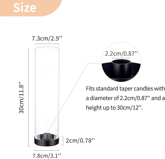 NUPTIO Hurricane Glass Candle Holders: 2 Pcs Black Candlestick Tapers Holder with 11.81 inch Tall Clear Cylinder Cover Metal Candle Sticks Stand for Wedding Christmas Thanksgiving Halloween Decor