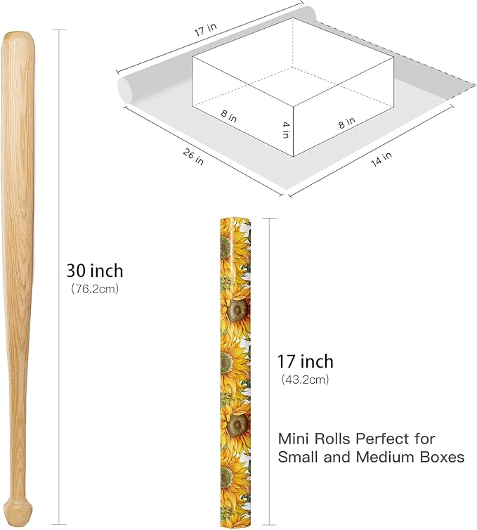 RUSPEPA Sunflower Wrapping Paper Roll for Women Girls, Mini Roll, Bright Yellow Sunflower Floral Design with Green Leaves, Cheerful Gift Wrap for Birthday, Wedding, Mother's Day, 17 Inches x 16.4 Feet