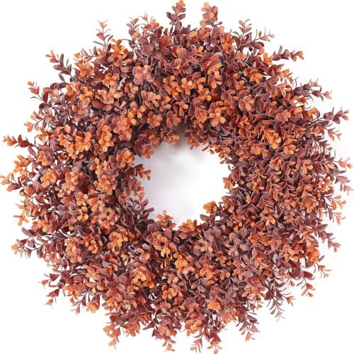 24" artificial fall boxwood wreath for front door, main product view