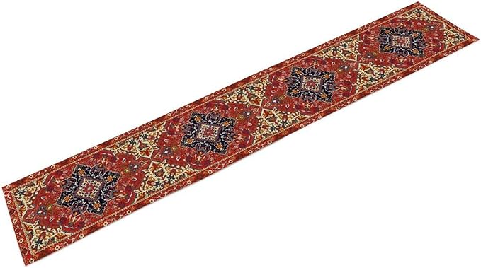 Boho Old French Table Runner, Vintage Red Beige Retro Flower Rustic Country Style Floral Print Pattern for Home Kitchen Table Decor Dining Coffee Room Garden Party Decor 13x120in
