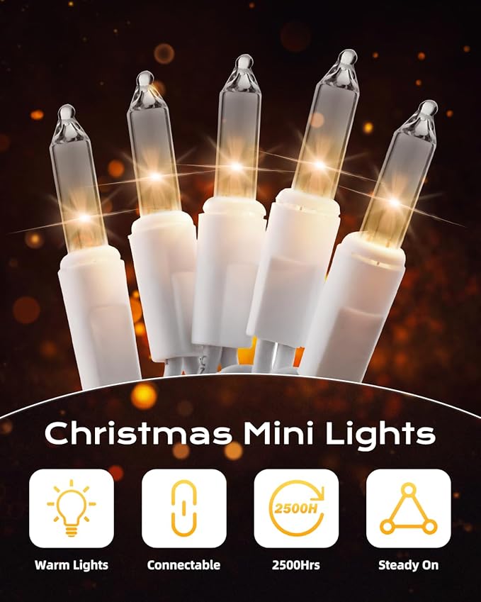 Brightown Clear Christmas String Lights, 200-Count 51.5ft Incandescent Bulb Mini Lights for Indoor Holiday Decor, Christmas Tree Garland Wedding Party Multi-Use Festival Decoration, White Wire