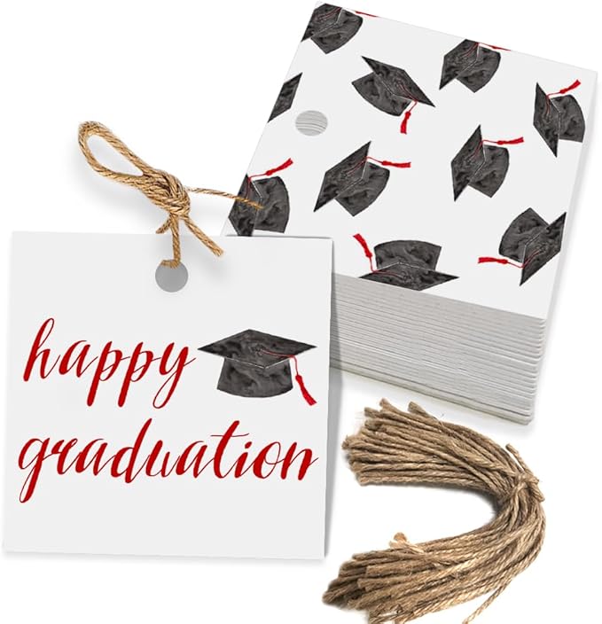 50 Pcs Graduation Gift Tags, Congrats Grad Party Favors Gift Tags for High School or Happy College Graduation Party Decoration Supplies (Red, 2.2 * 2.2)