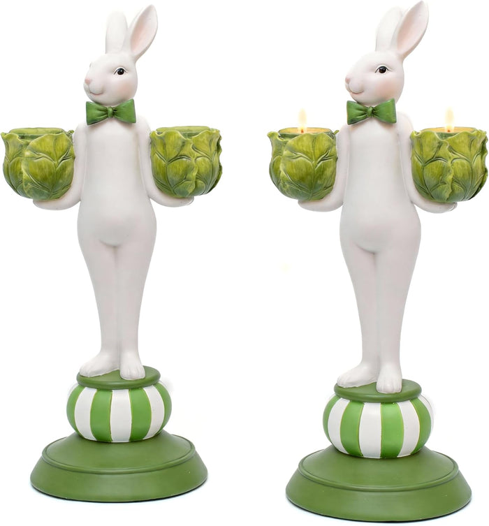 Bunny Candle Holders Set of 2, Hand-Painted Rabbit Figurines Home Decor, Vintage Taper Candlestick Holders Centerpiece for Dining Room Table, Cottagecore & Regencycore Aesthetic Room Decor