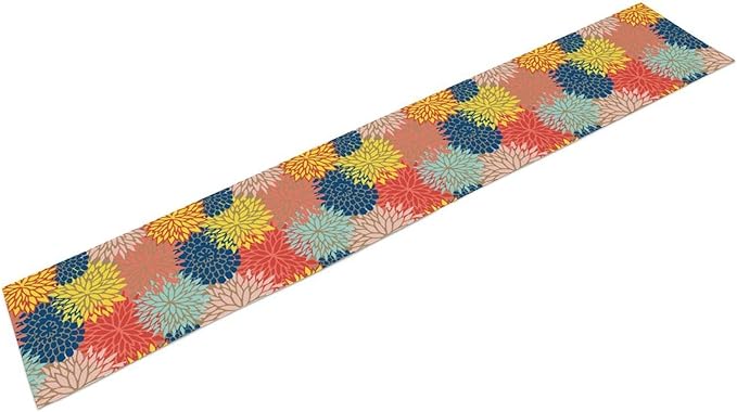 Dahlia Flowers Table Runner Colorful Floral Teal Grey Pink Yellow Blue Abstract Table Runner Kitchen Dining Party Decor Living Room, 13x60 Inch