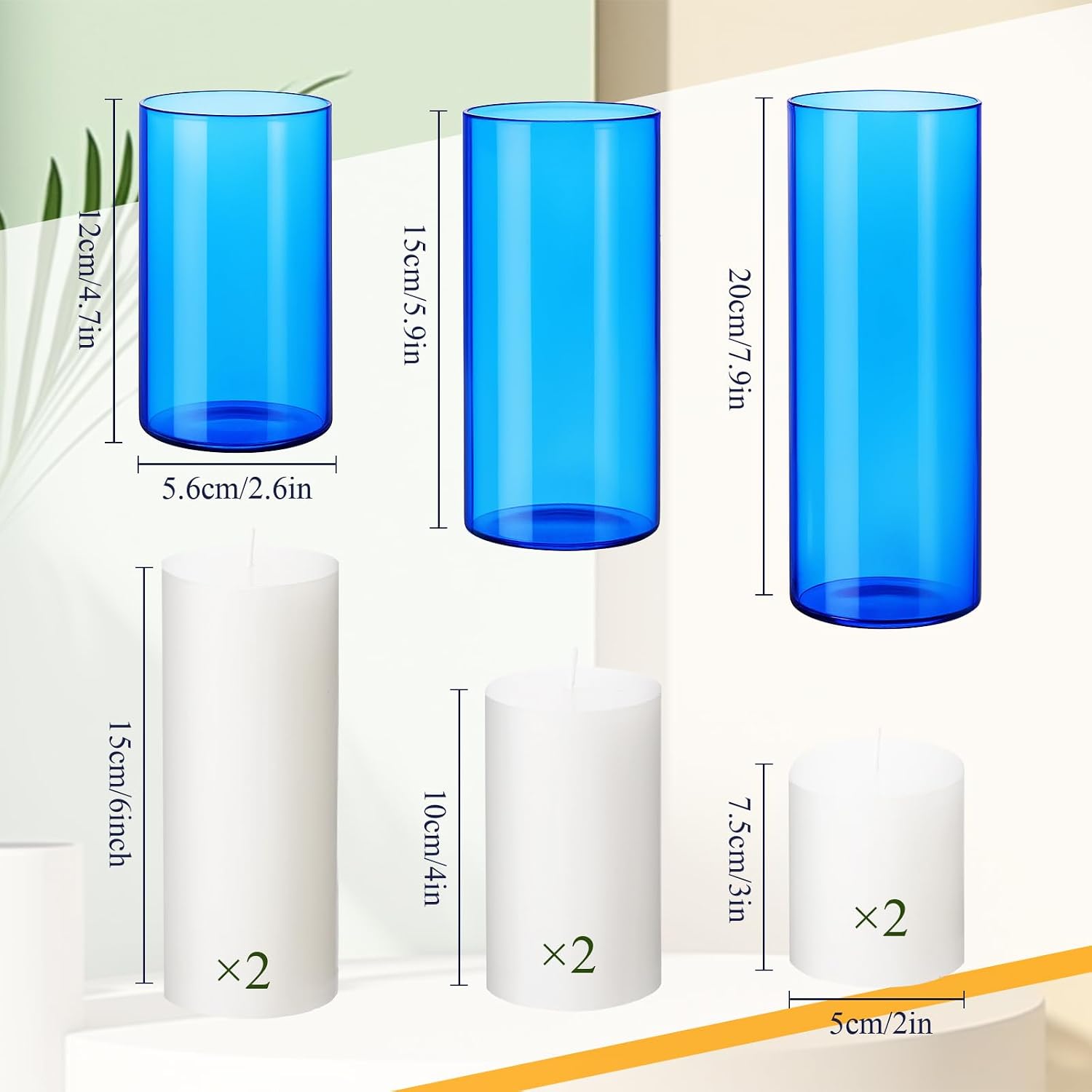 Shihanee 6 Sets/ 12 Pcs Blue Glass Cylinder Holders for White Pillar Candles Clear Cylinder Vases for Slim Pillar Candles Christmas Table Centerpieces, 2.8'' x 4.7", 5.9", 7.9"