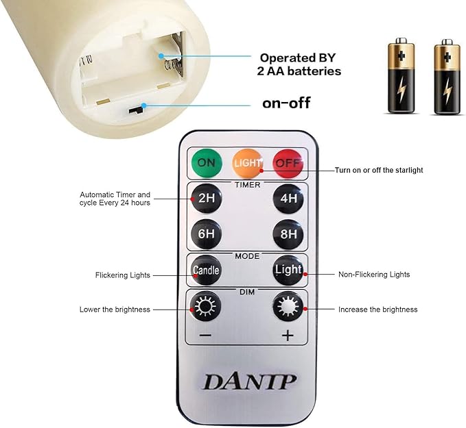 DANIP White LED flameless Candle with Embedded Star Light String, Three Piece LED Candle, with 11 Key Remote Control, 24-Hour Timer Function, Dancing Flame, (Ivory White)