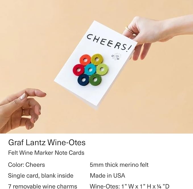 Graf Lantz - Wine-Ote's Merino Wool Wine Glass Charms (Cheers) 7 Count - Drink Markers with Note Card - Reusable - 7 Colors - Boho Style - Home Decor, Party Favors & Vacation Essentials - 5mm Felt
