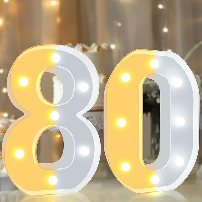 Pooqla 80th Birthday Decoration for Woman Man, Decorative LED Light Up Numbers, Marquee Numbers 80 Sign for Party Backdrop 80th Wedding Anniversary Decor, Warm White and Cool White Number 80