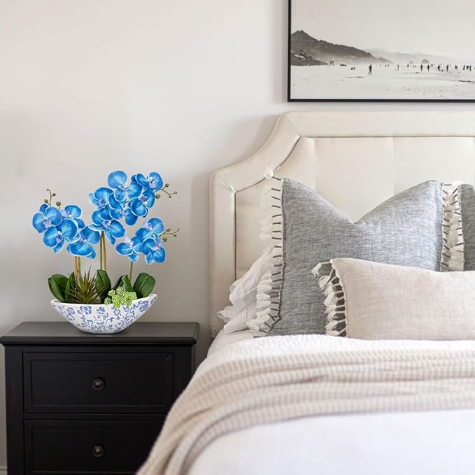 Briful Blue Orchid Fake Flowers 17in Artificial Orchid Silk Flowers in Blue and White Vase Faux Orchid Arrangement for Home Office Bathroom Table Shelf Modern Decoration