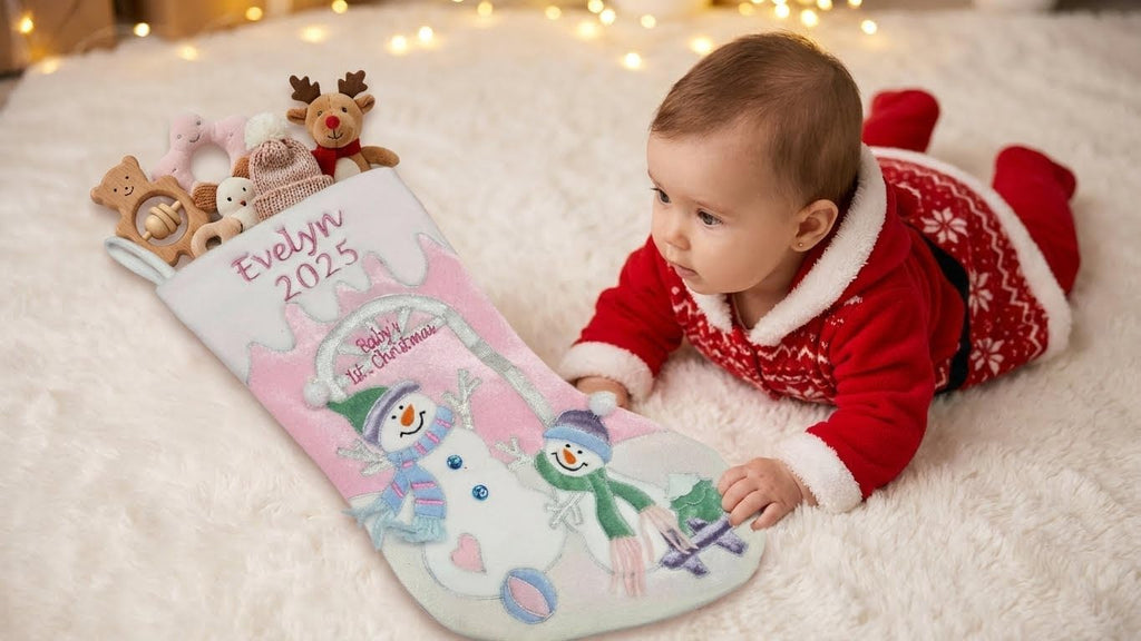 Baby's 1st Christmas Stocking with Large 20" Pink Snowman Velvet Personalized Stockings for First Christmas