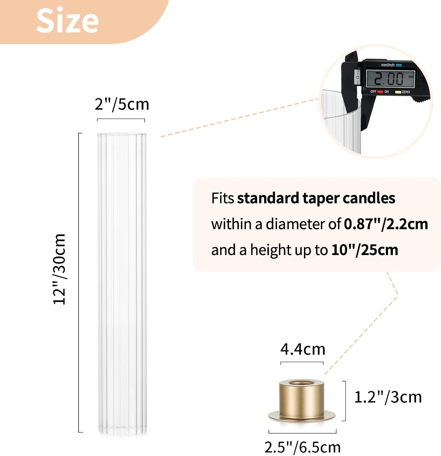 NUPTIO Hurricane Glass Candle Holders: Set of 18 Gold Taper Holders Bulk with Fluted Sleeves - Brass Candlestick Holders for Table Centerpiece Decoration