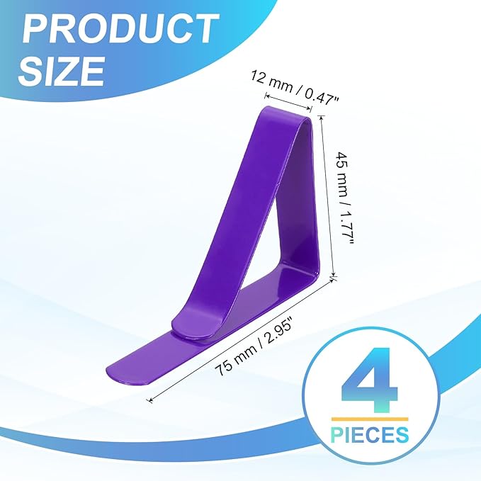 uxcell 4 Pack Tablecloth Clips, Stainless Steel Table Cloth Cover Clamps, 2.95" x 1.77" Windproof Holder Clips for Home Party Picnic Wedding Camping Dining Tables, Purple