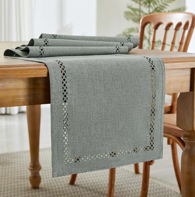 Burlap Style Farmhouse Table Runner, 13 x 48 Inch Grey, Rustic Geometric Hollow Table Runners 48 Inches Long for Dresser Table Everyday Use, 13x48 Inches, Grey