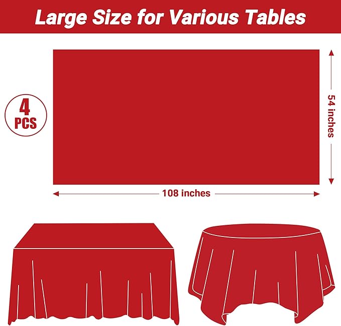 QZYL 4 PCS Picnic Table Cover, 54 x 108 in Rectangle Tablecloth, Red Table Cloth Indoor Outdoor for Baptism Decorations, Waterproof Plastic Tablecloth for Birthday, Wedding and Anniversary