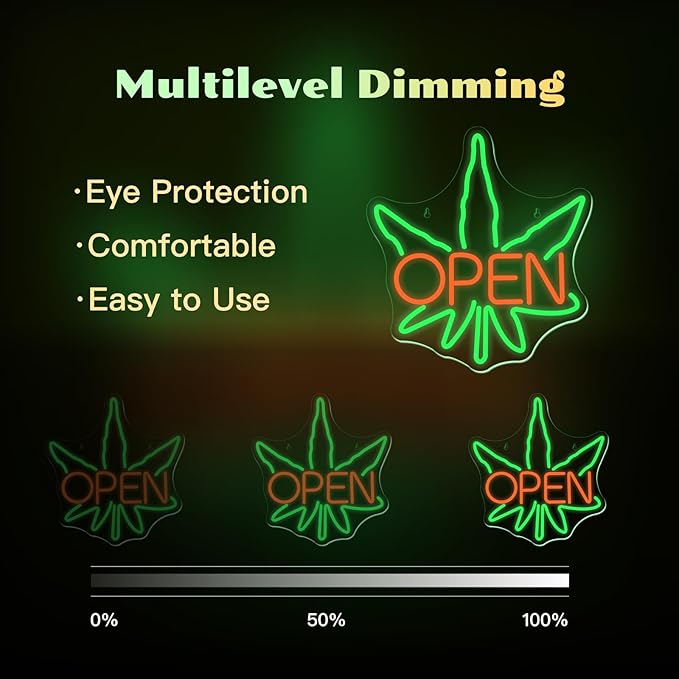 Ineonlife Green Leaves Open Neon Sign USB Dimmable Neon Signs for Wall Decor Psychedelic Led Light for Bar Club Cafe Shop Parties Window Decorations Adjustable Art Green Leaves Light