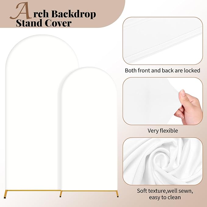 Wedding Arch Cover 6FT 7.2FT Arch Backdrop Cover Fitted Spandex Covers Set of 2 Round Top Chiara Arches Backdrop Stand Covers for Party Birthday Decoration（White