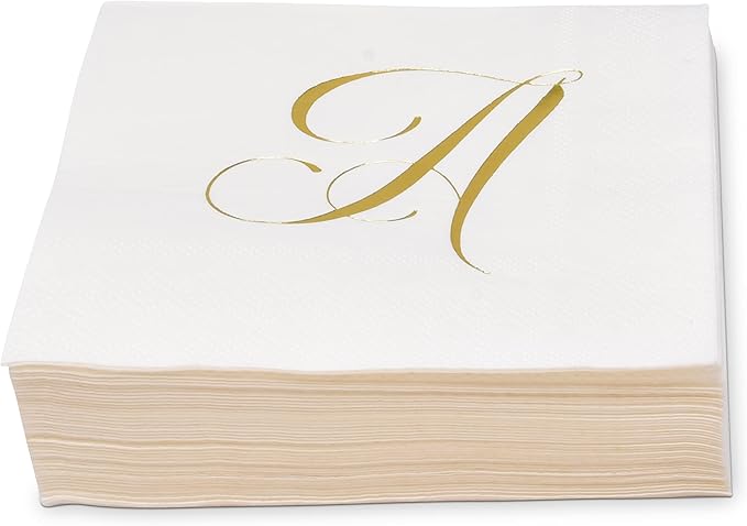 Gift Boutique 100 Gold Letter A Monogram Cocktail Napkins Disposable Paper Pack Elegant Metallic Golden Foil Hand Napkin for Powder Room Wedding Holiday Birthday Party Baby Shower Decorative Towels