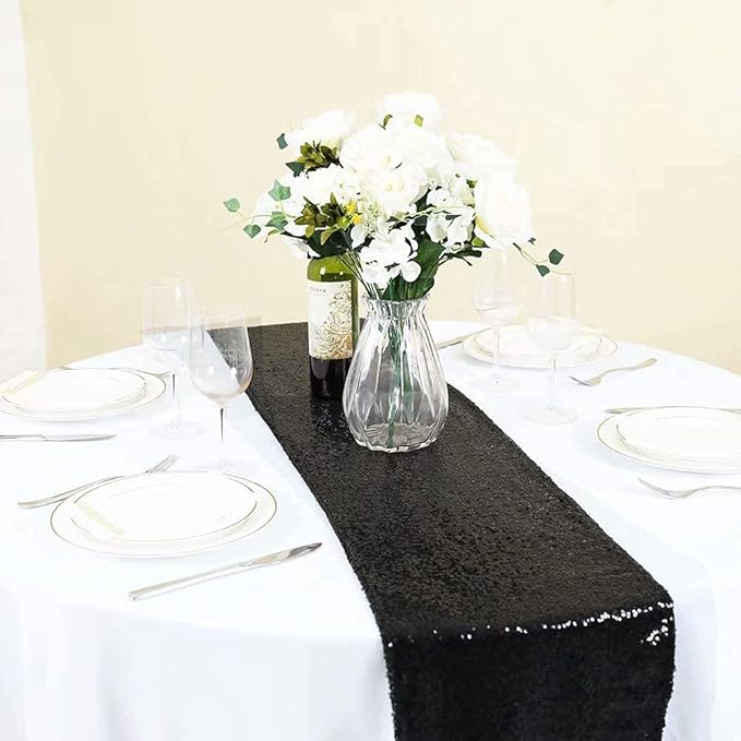Eternal Beauty Black Table Runner for Wedding, 5PCS-12x108 Sequin Table Runner Decorations for Birthday Parties, Banquets, Graduations,Christmas