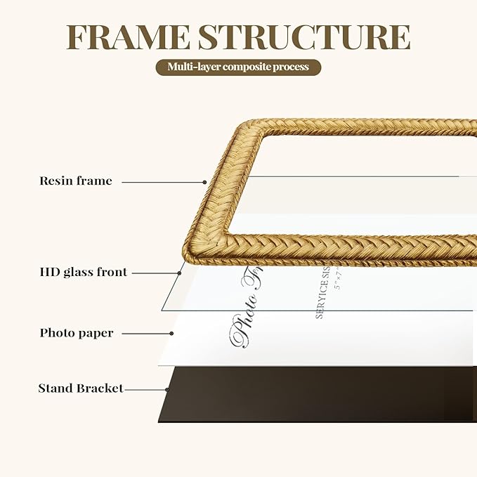 Cuspin 5x7 Gold Picture Frame, Ornate Decorative Rattan Resin Photo Frame, Gold Frames Braided Design for Tabletop Display or Wall Hanging, Elegant Home Decor