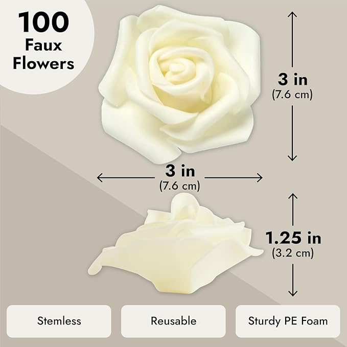 Juvale Centerpiece Table Decorations Ivory Artificial Roses - 100-Pack 3-Inch Foam Heads - Fake Flowers in Vase & Flower Decor - Wedding Table Decor & DIY Crafts