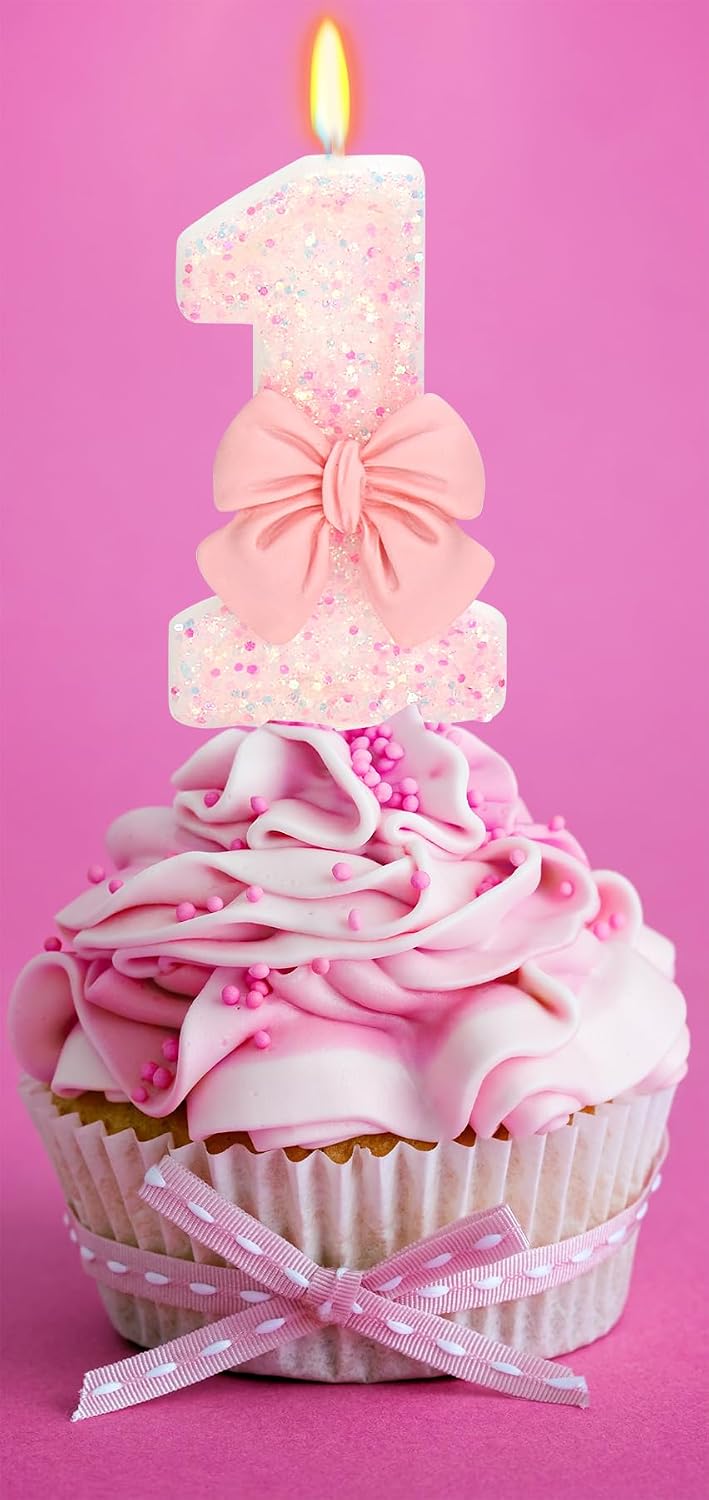 Birthday Candle for Cake, 1 Candle - Pink Glitter with Bowknot, 2.76 inch Happy Birthday Candle, Cake Topper Decoration for 1 Year Old Birthday Party (Number 1)