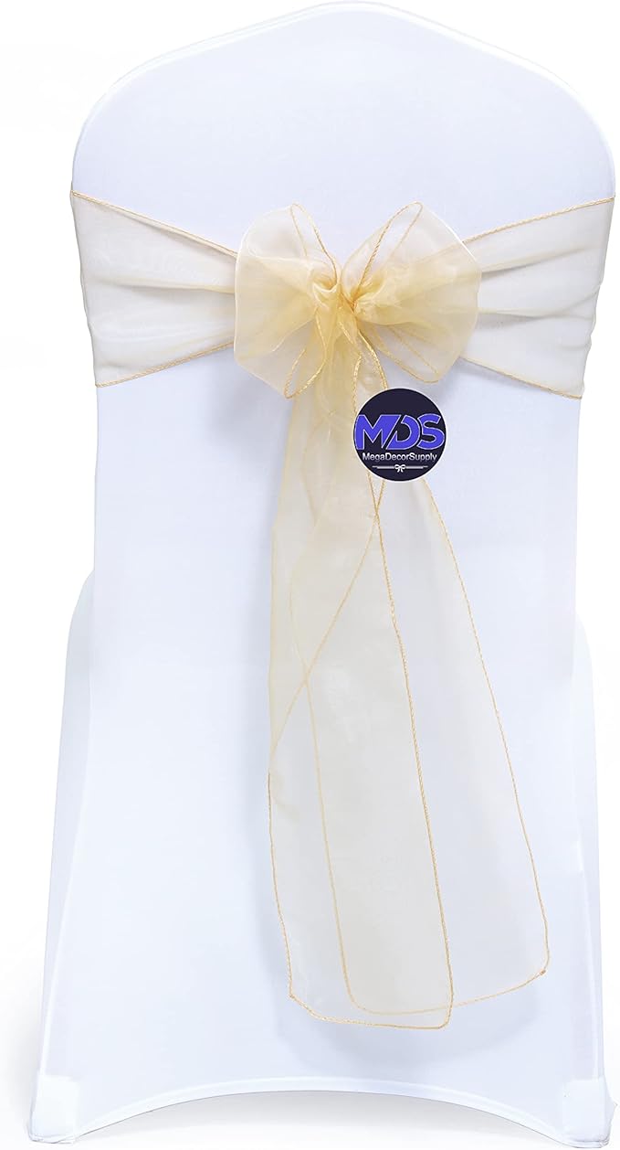 MDS Pack of 125 PCS Organza Chair Sashes Wider Dining Chair Bows Ribbon Tie Back for Wedding Party Birthday Bridal Shower Reception Event Banquet Home Chair Cover Decoration - Beige