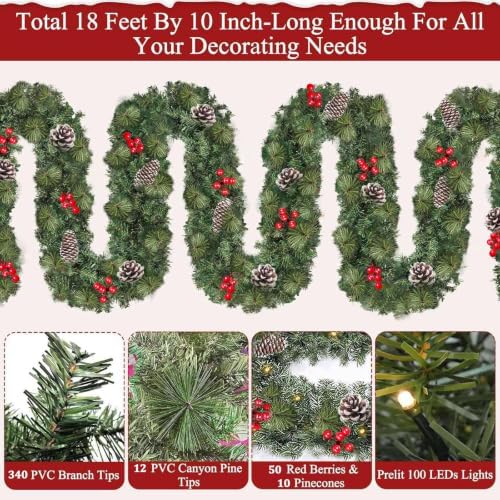 remote control&extra long&12 modes-18 ft prelit christmas garland, close-up detail