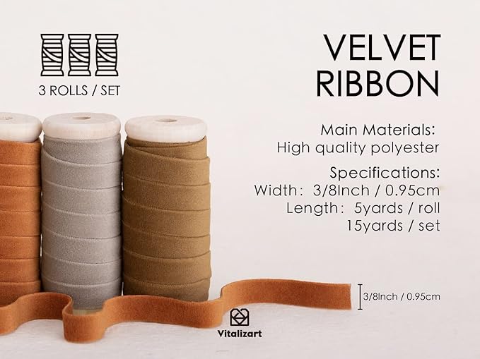 Vitalizart Fall Velvet Ribbon Set 3/8" x 15 Yd Wooden Spool Fabric Trim 3 Rolls * 5 Yd for Christmas Wreath Decoration Handmade Craft Ornaments Gift Wrapping & Bow Making
