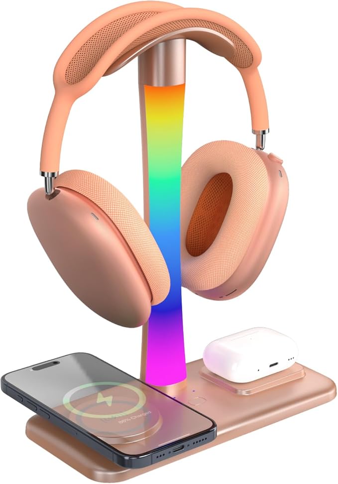 Headphone Stand with Wireless Charger,Gaming HeadsetStand with RGB Light Mode,Airpod MaxStand Compatible with Airpod Pro/3/2,iPhone 16/15/14/13/12/11,Samsung,Gifts for Gamers & Music Lover (Gold)
