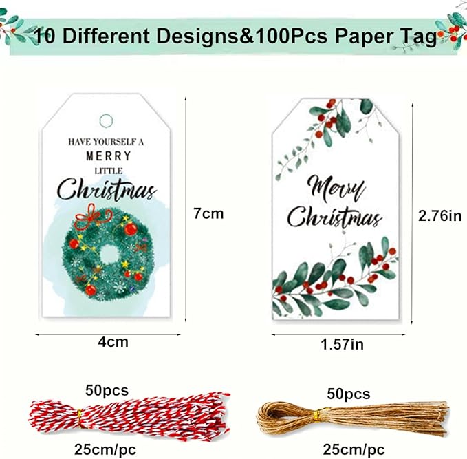 100 Pack Beautiful Christmas Gift Tags， Xmas Beautiful Gift Tags with Jute Twine Baker Twine for DIY Xmas Holiday Present Wrap Stamp and Label Package Name Card