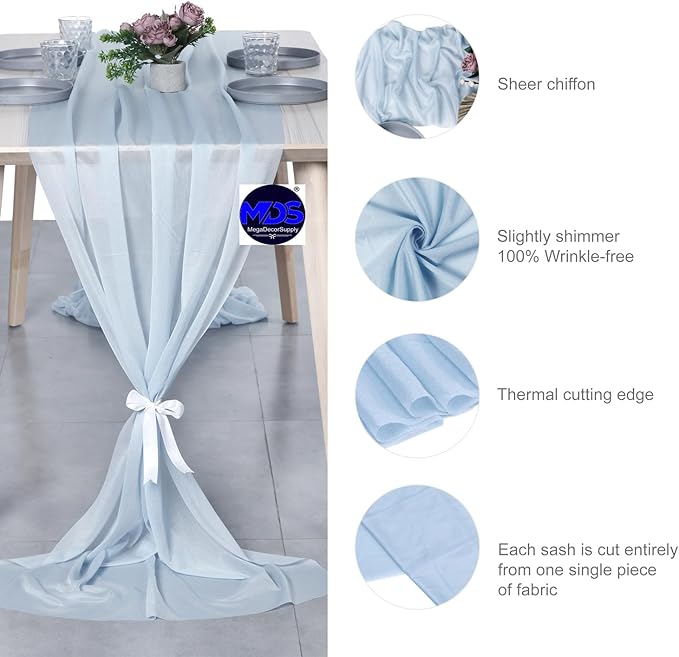 MDS Halloween Chiffon Table Runner - 15 Pack, 29 x 170 Inches, 14ft Each - Sheer Spooky Table Runners for Haunted House Parties, Trick-or-Treat Tables, Witchy Décor, Wedding & Events - Baby Blue