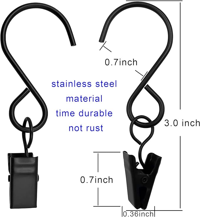 Stainless Steel S Hooks Curtain Clips, 50 Pack Hanging Party Lights Clips, Hangers Gutter Photo, Art Craft Display, 3 Inch Long, Black