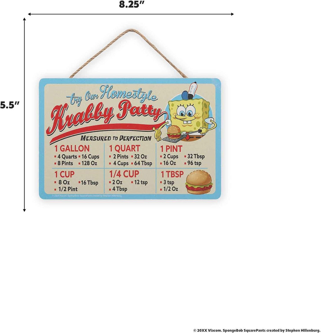 SpongeBob SquarePants Krabby Patty Kitchen Hanging Wood Measuring Sign - Fun SpongeBob Kitchen Conversion Chart for Home