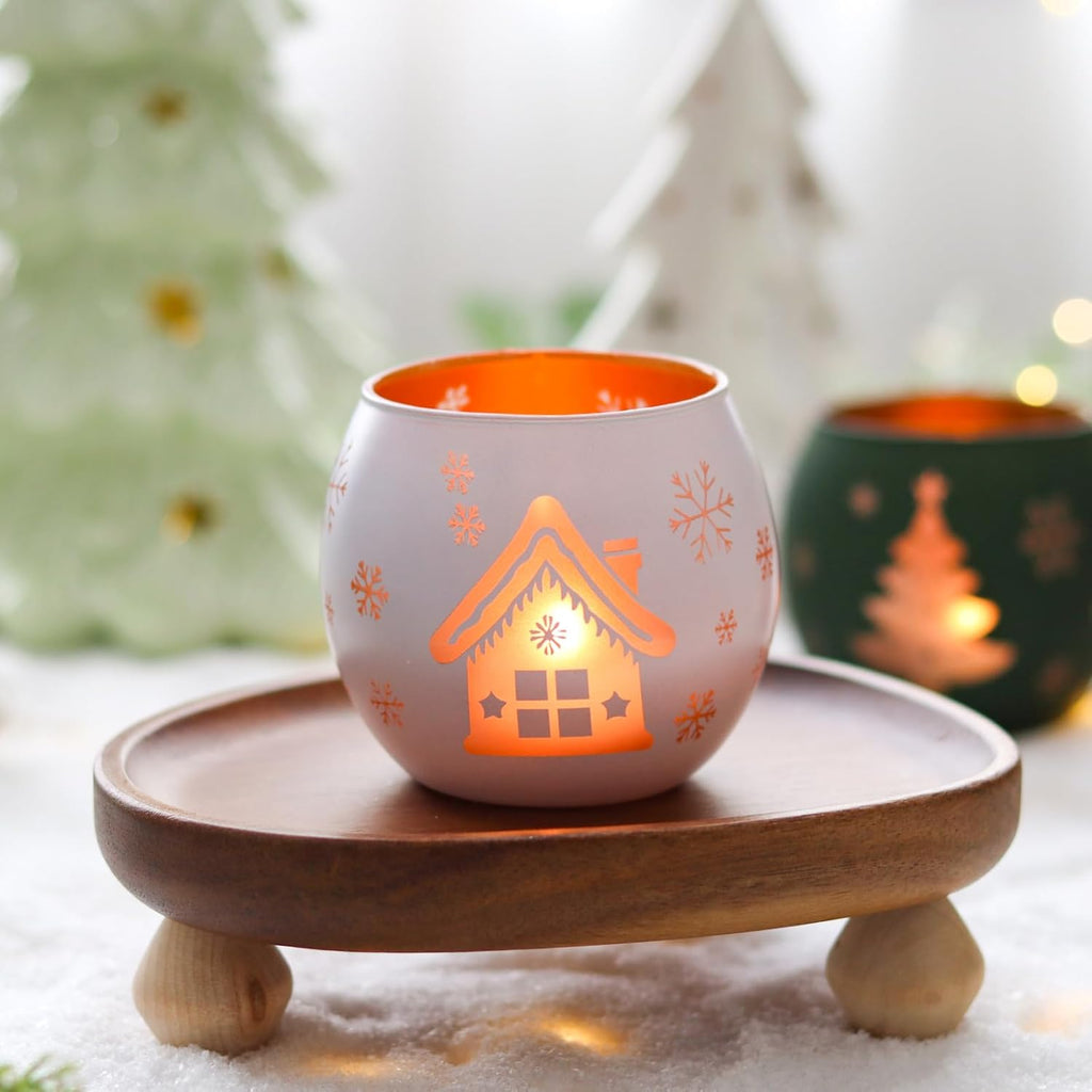 Christmas Candle Holders Set of 4, Frosted Glass Tealight Votive Holders with Snowflake, Reindeer, Christmas Tree Designs, Winter Holiday Table Centerpiece for Indoor Outdoor Decor (Red, Green, White)