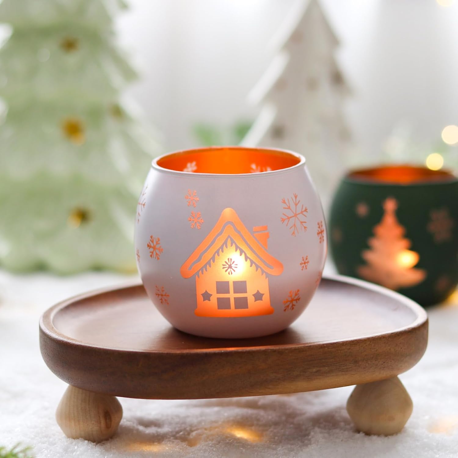 Christmas Candle Holders Set of 4, Frosted Glass Tealight Votive Holders with Snowflake, Reindeer, Christmas Tree Designs, Winter Holiday Table Centerpiece for Indoor Outdoor Decor (Red, Green, White)