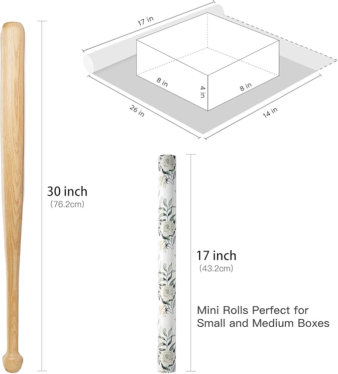 RUSPEPA Reversible Floral Wrapping Paper for Women Girls, Mini Roll, Elegant Flower Greenery and Sage Green Gift Wrap Paper for Wedding, Birthday, Bridal Shower, Mother's Day, 17 Inches x 16.4 Feet