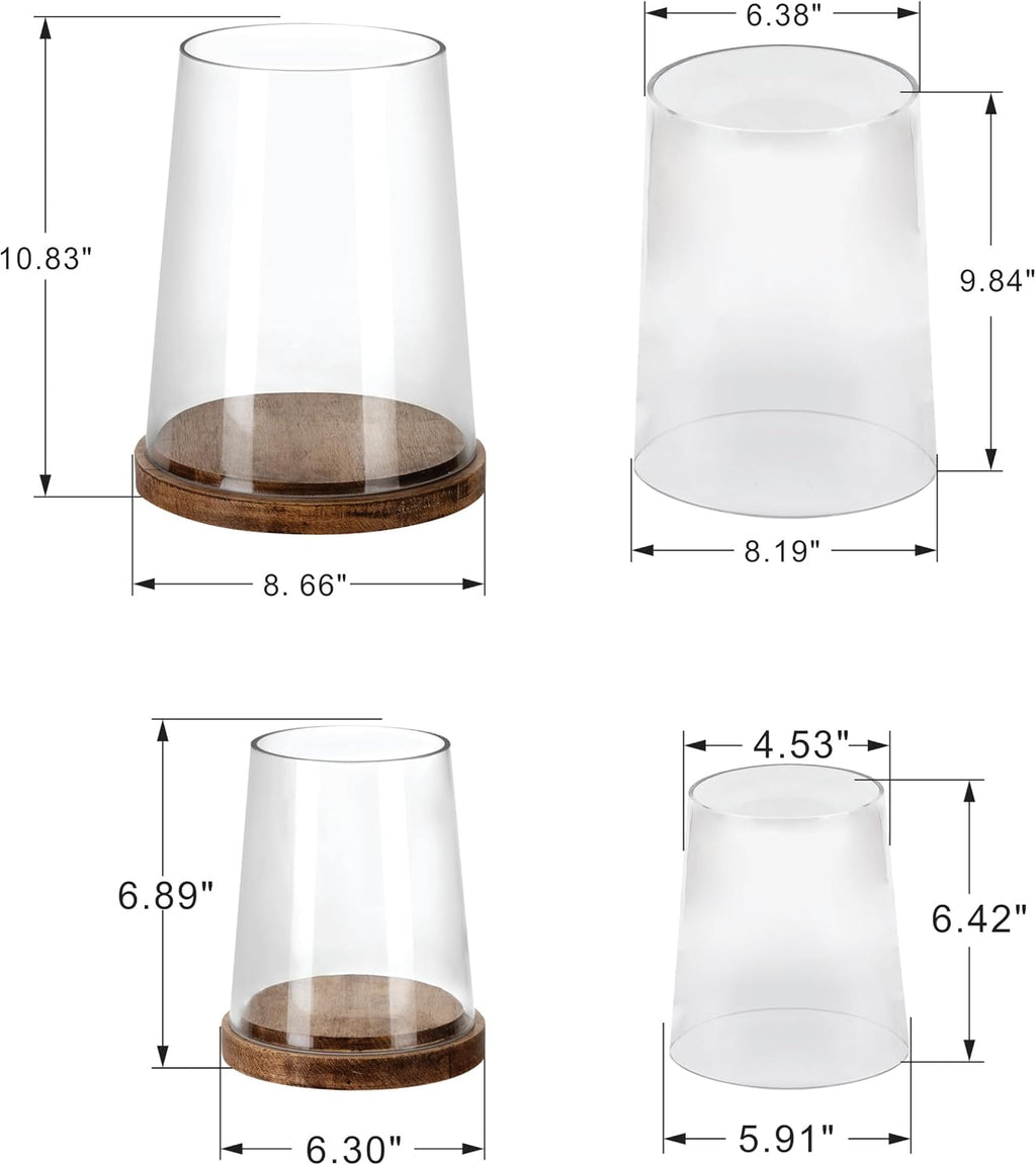 Set of 2 Glass Hurricane Candle Holders with Handmade Sturdy Glass Sleeves and Vintage Natural Wood Base for Pillar Candle & Plants, Industrial, Farmhouse, Display Cloche Bell Jars, Table Centerpiece