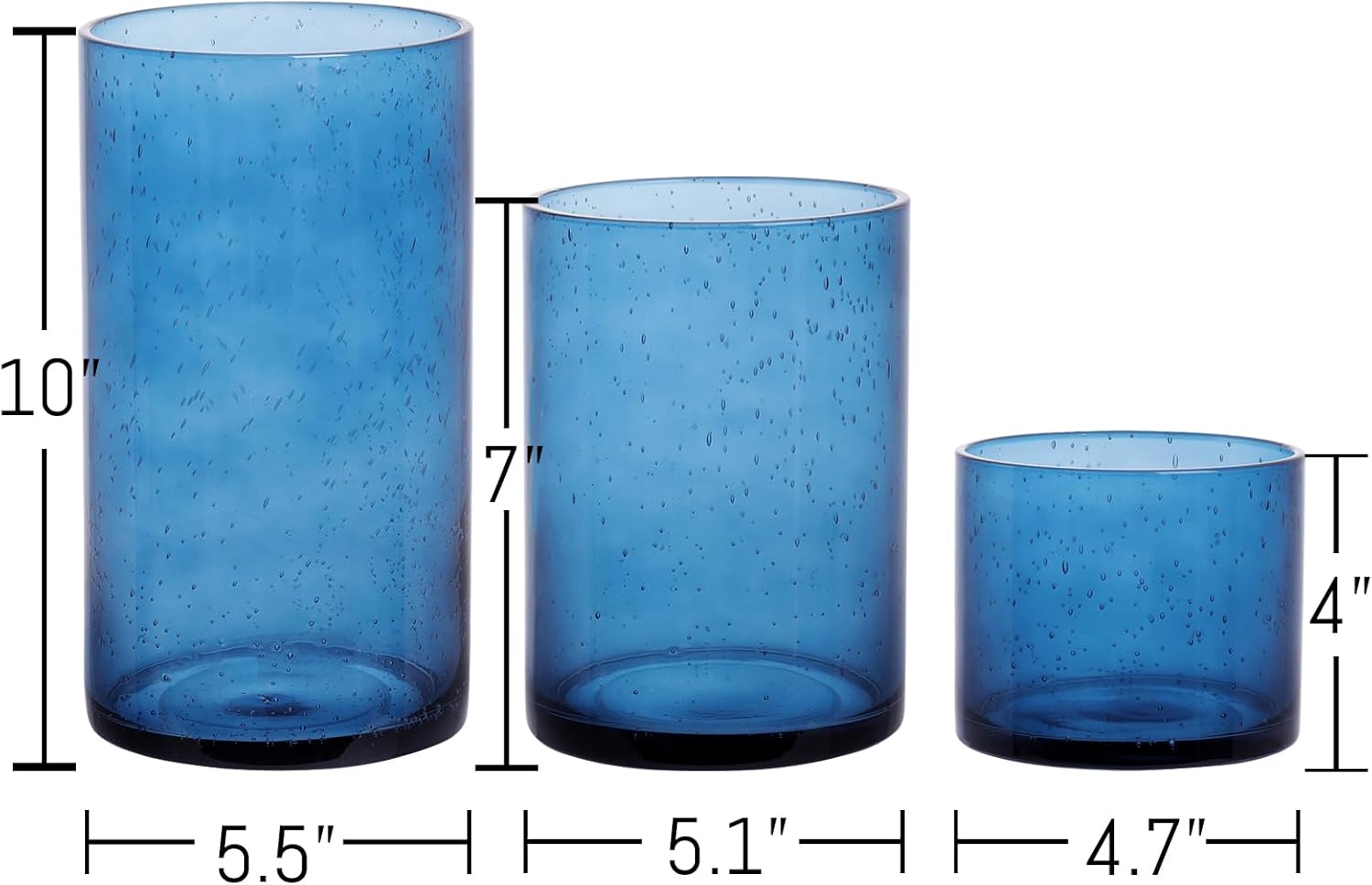 Large Hurricane Candle Holder Set of 3 Blue Candle Holders for Pillar Candles, Seeded Bubbles Glass Candle Holder, Blue Glass Cylinder Vases for Table Centerpieces, Home, Patio and Wedding 10"7"4"H