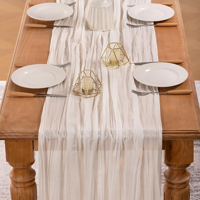 MLMW Ivory White Table Runner Cheesecloth Boho Gauze Rustic Cheese Cloth Table Runner 160 inch Sheer 13.3ft for Thanksgiving Wedding Party Baby Bridal Shower Birthday