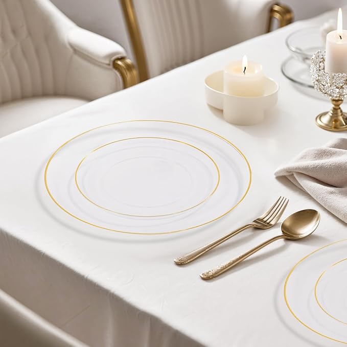 bUCLA 100PCS Clear and Gold Plastic Plates - Clear Disposable With Gold Rim Include 50 Each (10 inch Dinner & 7 inch Dessert) Plates, Ideal for Party & Thanksgiving