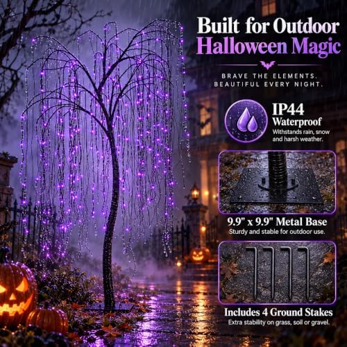 7 FT Halloween Lighted Willow Tree 256 LED Purple Lights Artificial Weeping W...